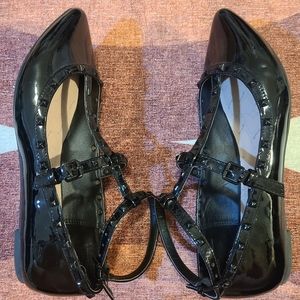 Betsey Johnson Betseyville Black Patent Studded Flats with Ankle Strap